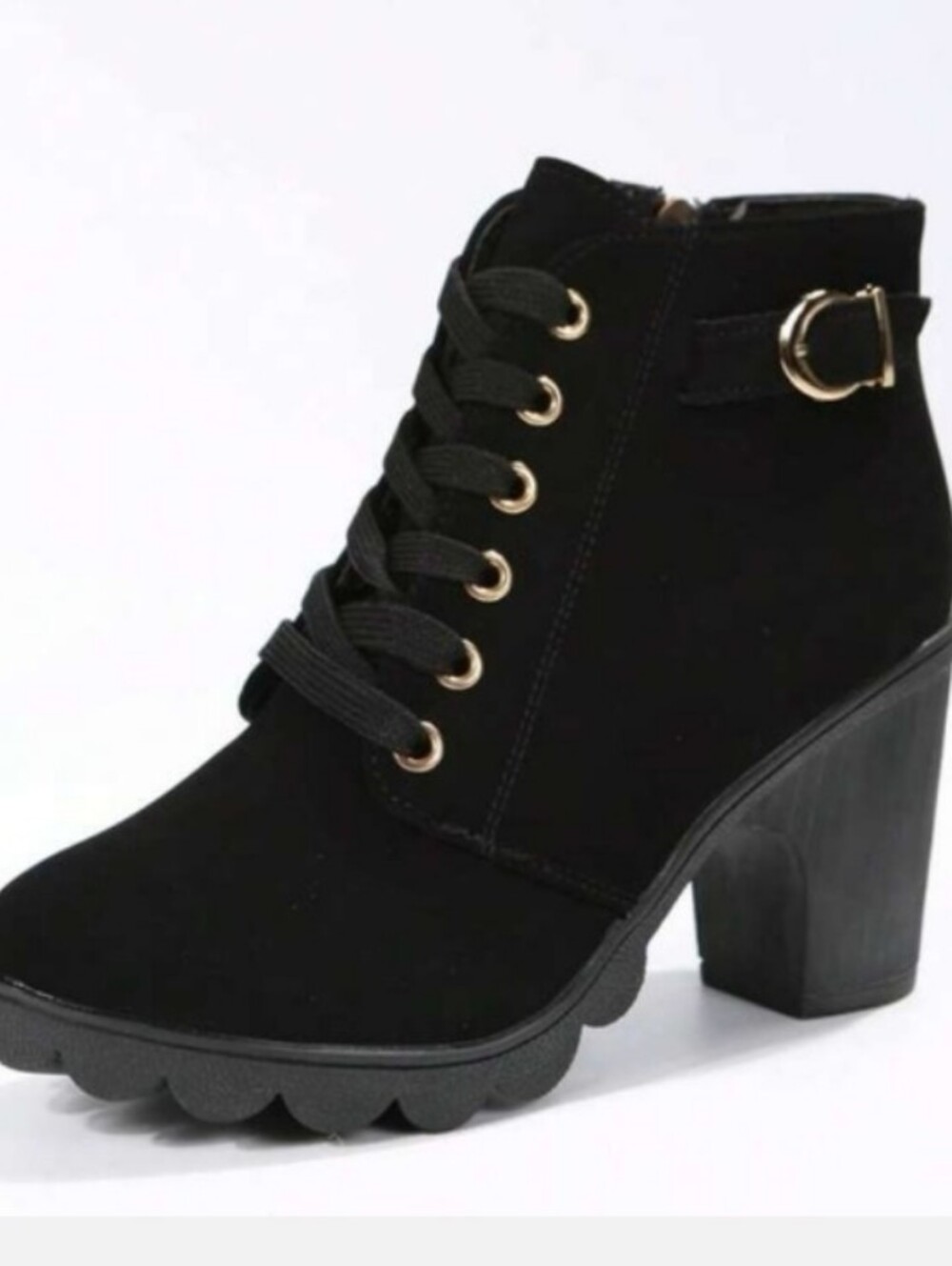 Black Lace-Up Ankle Boots with Buckle Accent